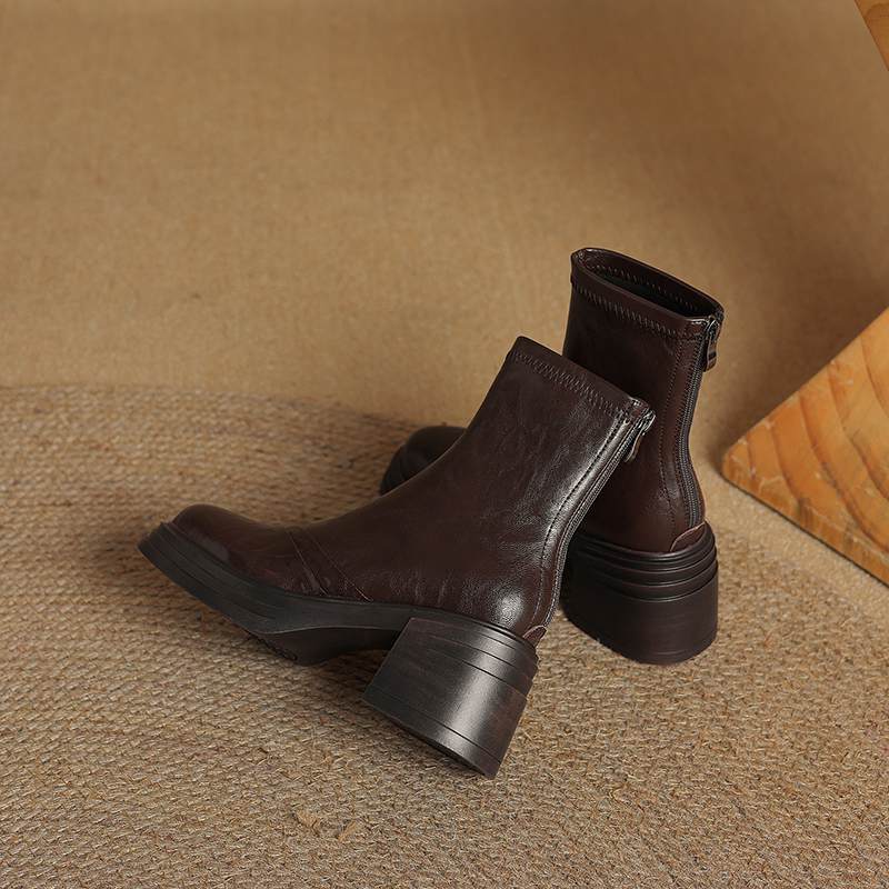 Krazing Pot Sheepskin Winter Round Toe Modern Platform Boots Thick High Heels Zipper Women Ankle Boots