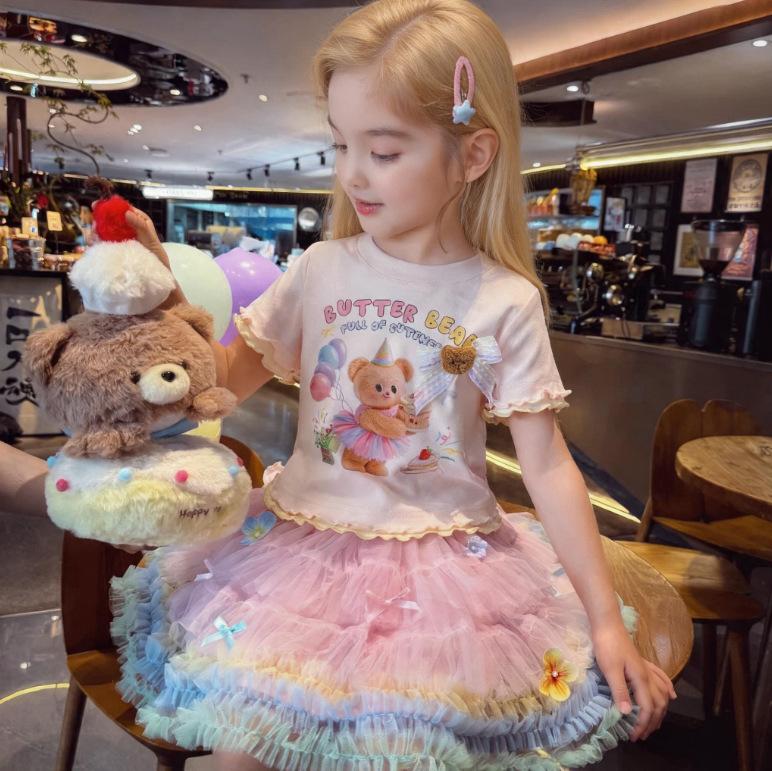 Girls Summer Cotton Cartoon T Shirt Sweet Lace Short Sleeve Top Baby Cute Thin Blouse