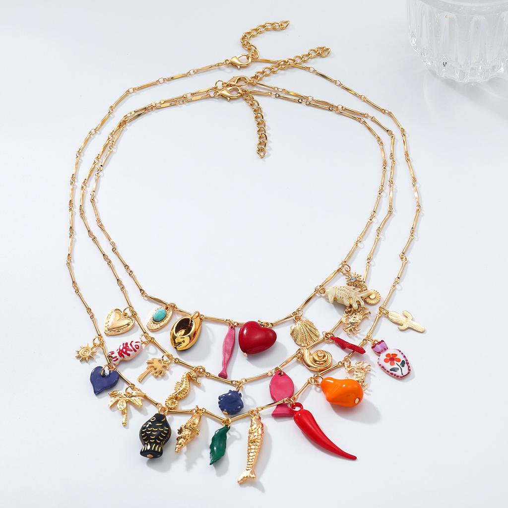 ZAA Personality Irregular Metal Multilayer Heart Chili Fish Pendant Necklaces for Women Vintage Statement Zircon Gifts