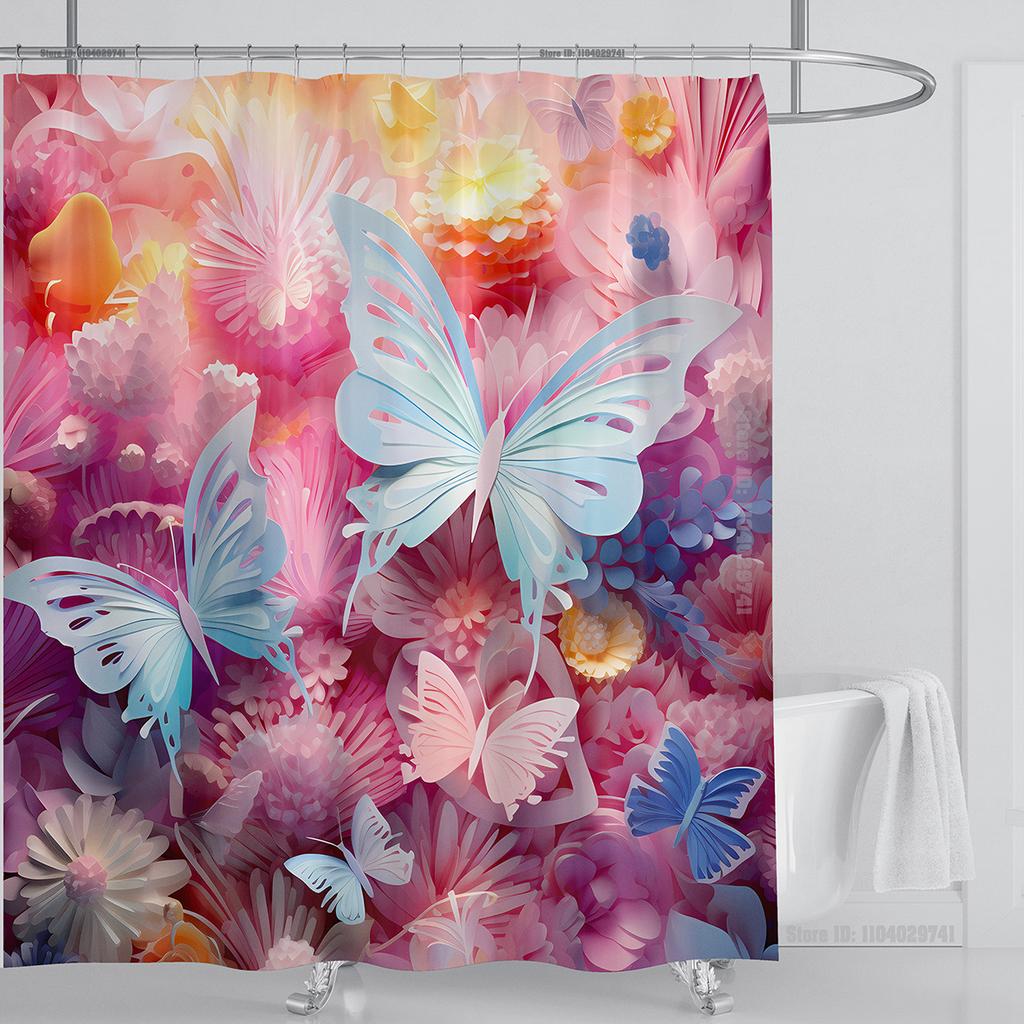 3d Beautiful Butterfly Shower Curtain Waterproof Polyester Fabric 3D Printed Curtain Bathroom Decoration with Hooks