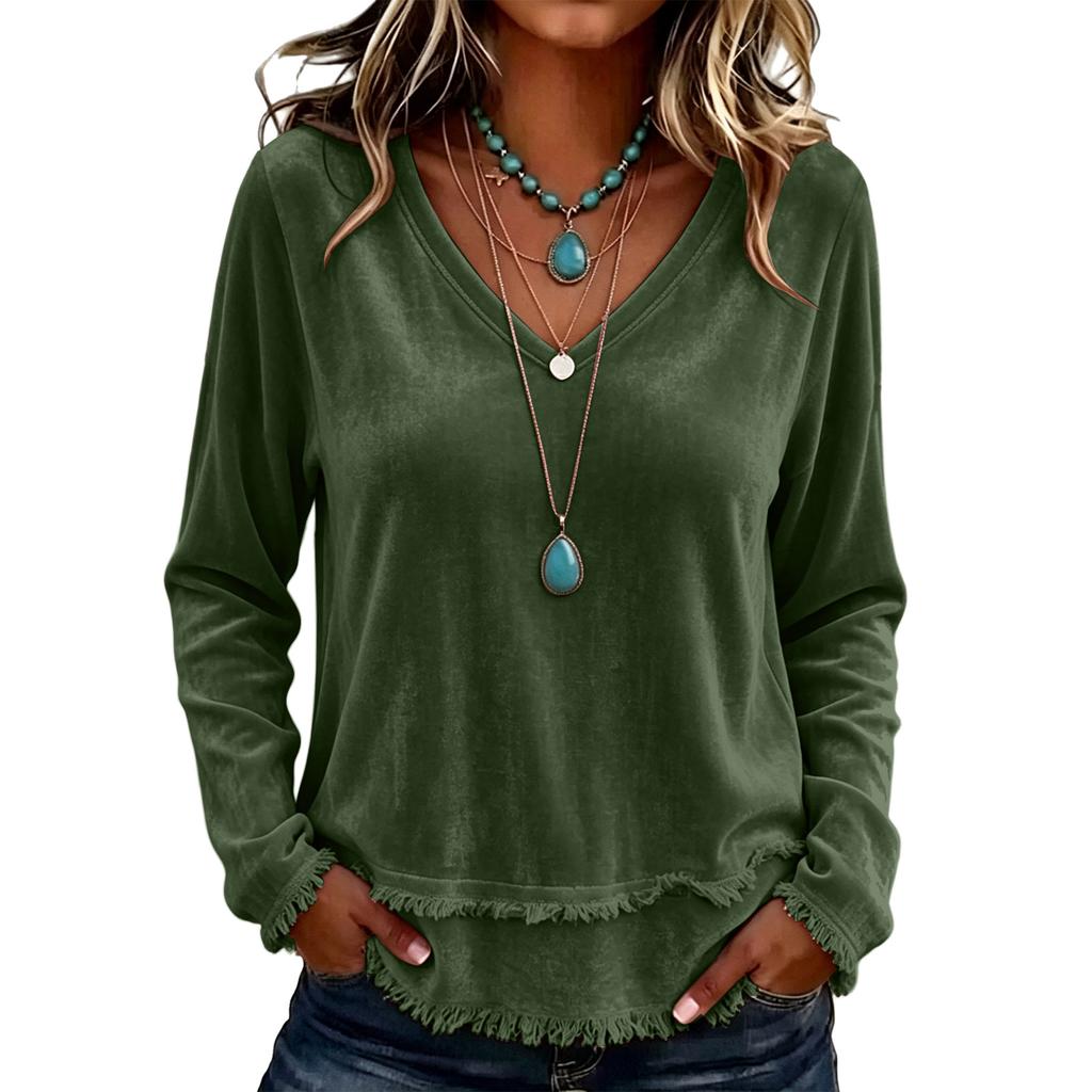 Women's Long Sleeve Lace Trim Blouse Loose Fit Color Casual Tunic Top