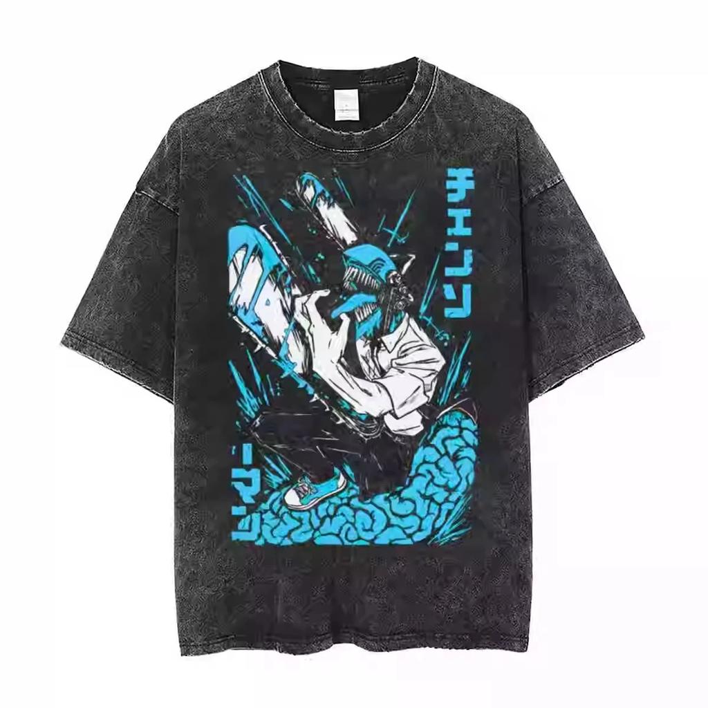 Chainsaw Man Denji & Pochita Chainsaw Devil Form Vintage Washed Oversized Black T-Shirt | Dark Manga Anime Fan Merch Tee