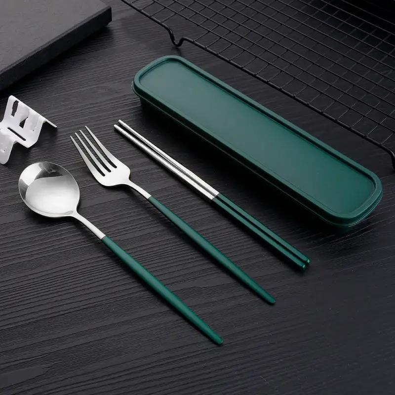 3pcs Thin Portuguese Portable Stainless Steel Cutlery Chopsticks, Forks, Spoons, Student Home Outdoor Picnic Tableware