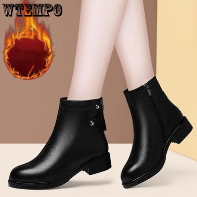 Soft Leather Ankle Boots Women Platform Shoe Winter Warm Thick Plush Comfor Thick Low Heels Ladies Snow Boot