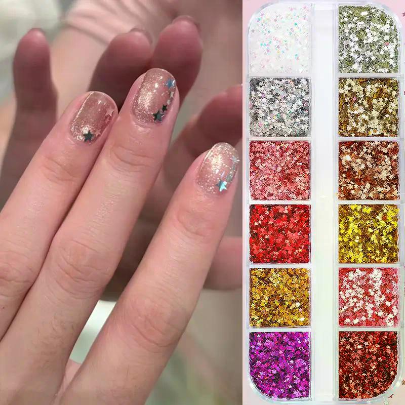 12 Grids Mixed Star Heart Nail Glitter 1mm Star Sequin Nail Art DIY Colorful Sparkling Nail Charms Nail Decoration Accessories