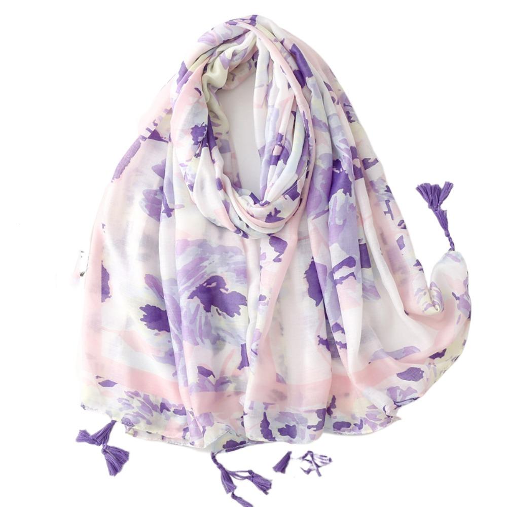 Korean Tassel Viscose Shawl Scarf Wash Painting Style Women Hijab Shawls Soft Thin Scarf  Beach