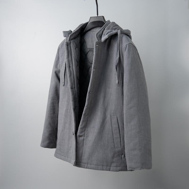 Men s Winter Retro Thick Ramie Cotton-Linen Hooded Jacket 4XL [201-220 lbs]