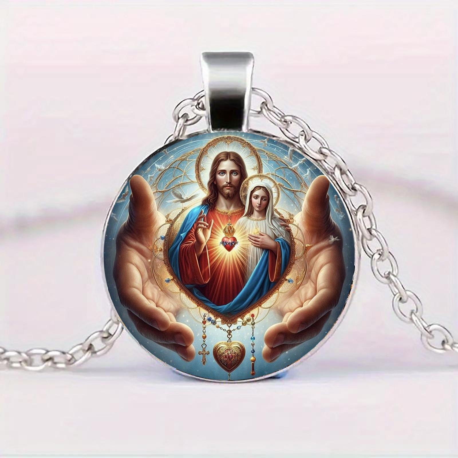 

Христианская подвеска-кулон с изображением Иисуса и Девы Марии, кулон-подвеска из стекла с драгоценным камнем времени, подходит для повседневной носки и в качестве подарка