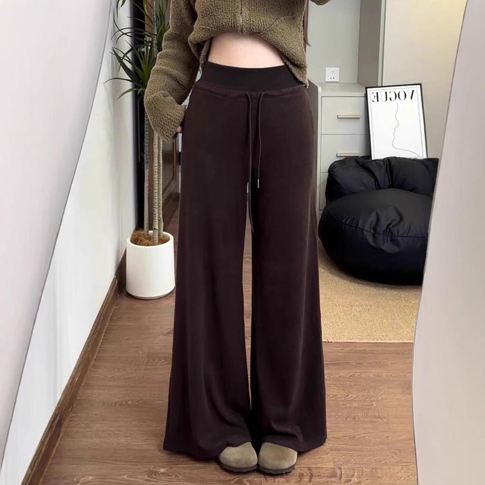 3D Waistband Coffee Drawstring Women's Knit Wide Leg Pants - Autumn/Winter Collection