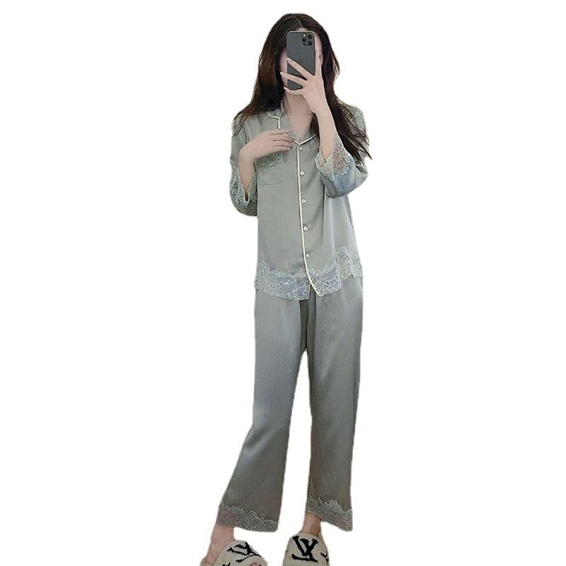 Solid color lace splicing silky suit pajamas women's long-sleeved trousers two-piece set of high-end ice silk loungewear