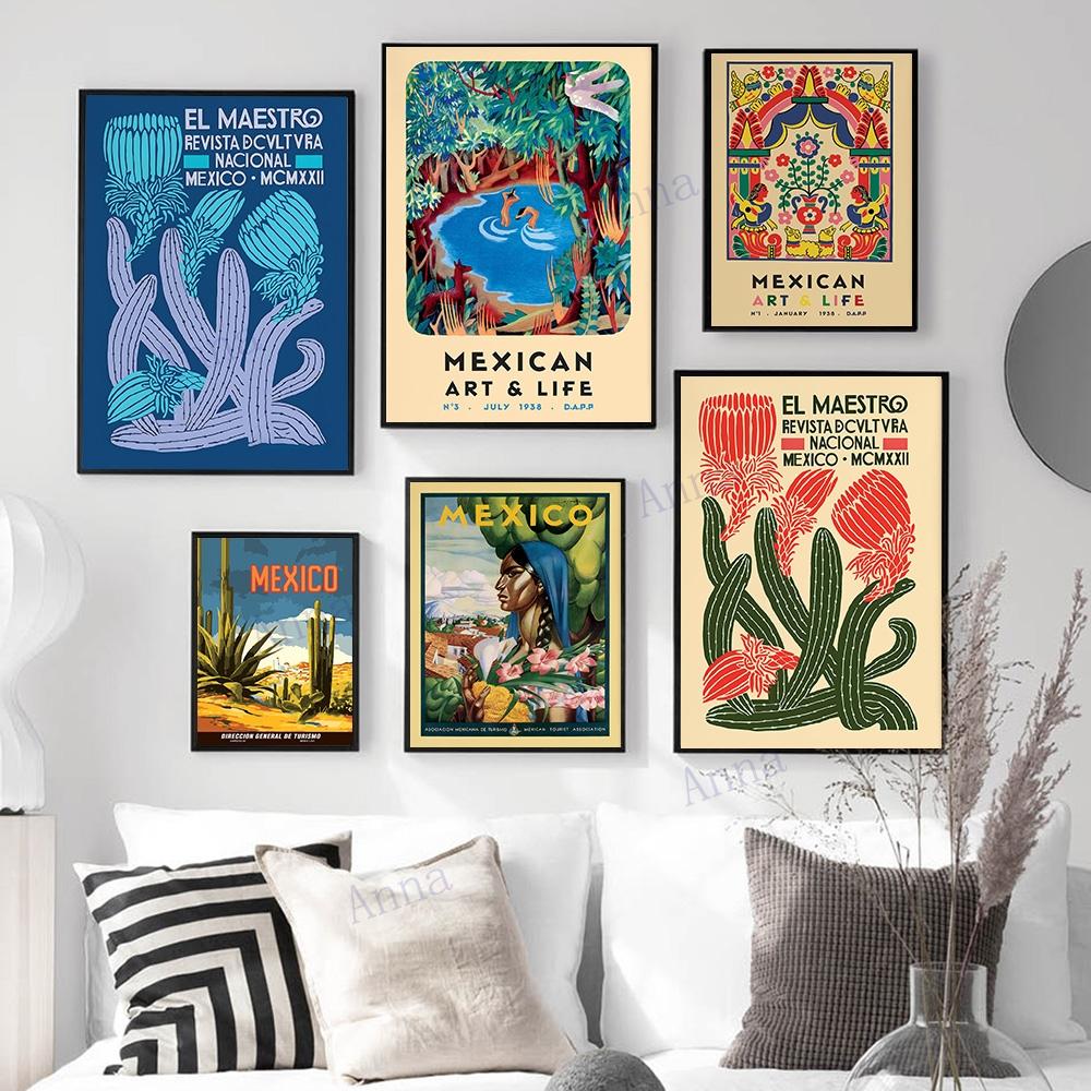 Mexická výstava Umělecké plakáty a tisky Květinové Vintage nástěnné umělecké dekorace Latinskoamerická Artesanía Obraz na plátno do obývacího pokoje