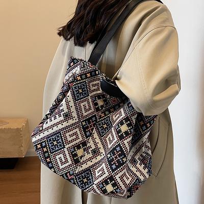 Autumn and Winter Ethnic Style Tote Bag Women Canvas Handbag Ins College Students Class Shoulder Bag Women