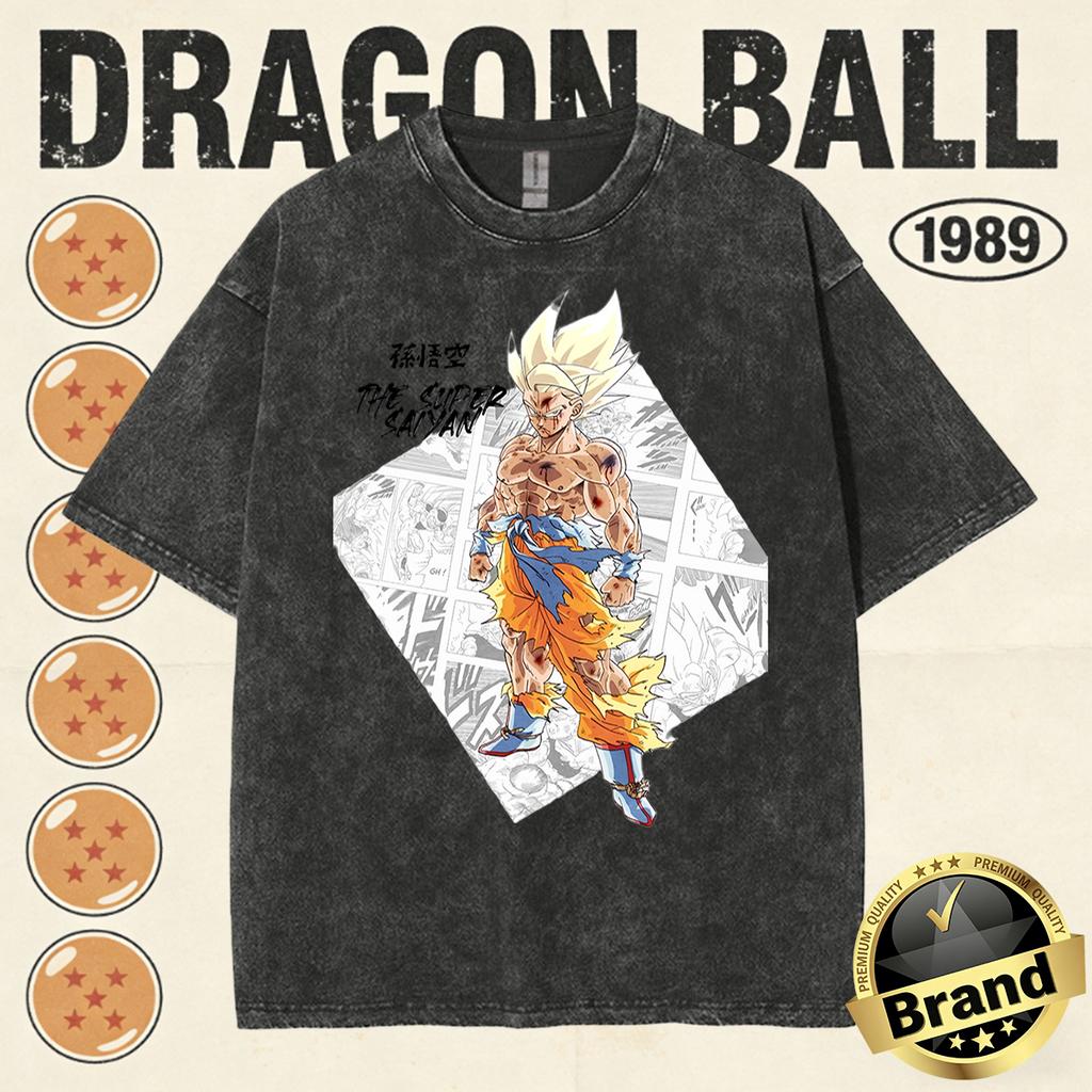 Summer Fashion Dragon Ball Vintage T-Shirt Men 100%Cotton Washed Retro Tops Print Heavyweight Oversized Family Matching Tee