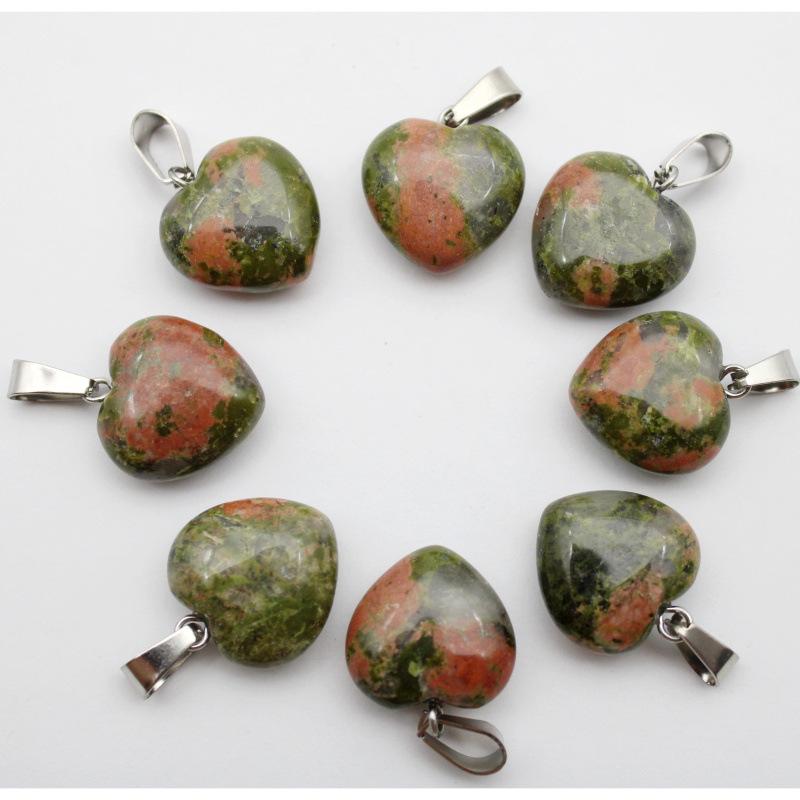 16MM Heart-Shaped Natural Stone Pendant: Amethyst Rose Quartz Green Aventurine Tiger Eye
