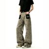 American Retro Leopard Print Splicing Jeans Men's and Women's Patch Pockets Design Loose Casual Wide-leg Scimitar Straight Pants