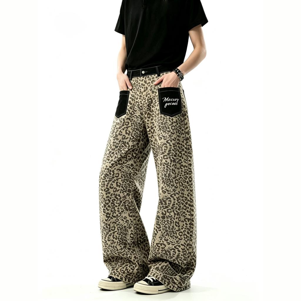 American Retro Leopard Print Splicing Jeans Men's and Women's Patch Pockets Design Loose Casual Wide-leg Scimitar Straight Pants
