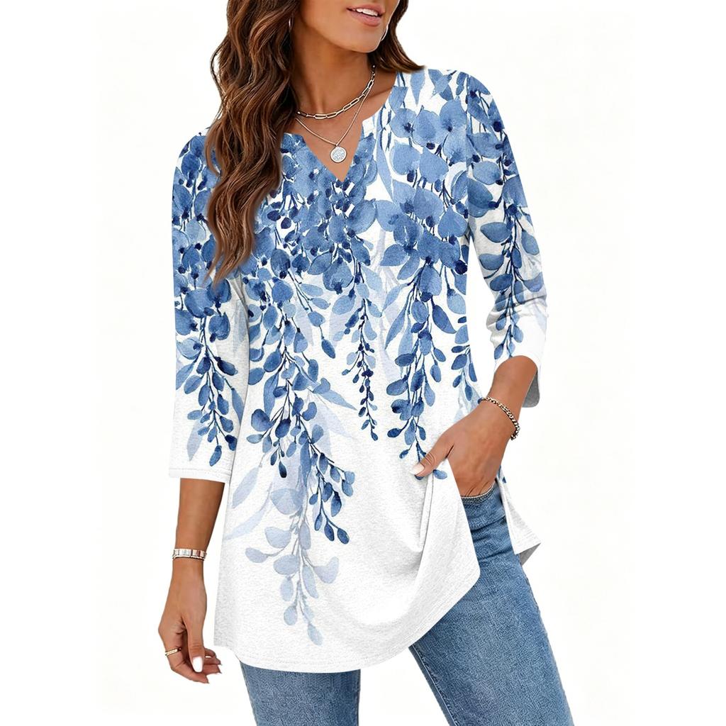 Women's Casual V Neck 3/4 Sleeve Pullover Tunic Top Floral Print Mid Length Loose Fit Blouse for Everyday Wear