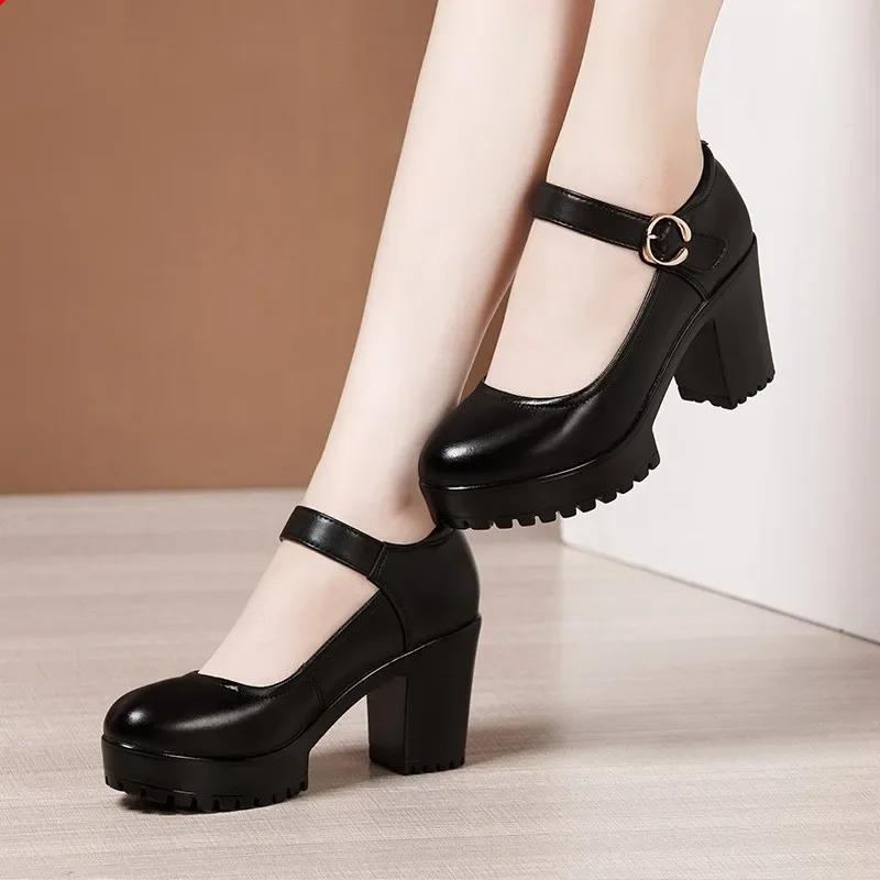 Shallow Thick Bottom Shoes Platform Pumps Block High Heels Shoes Office Model