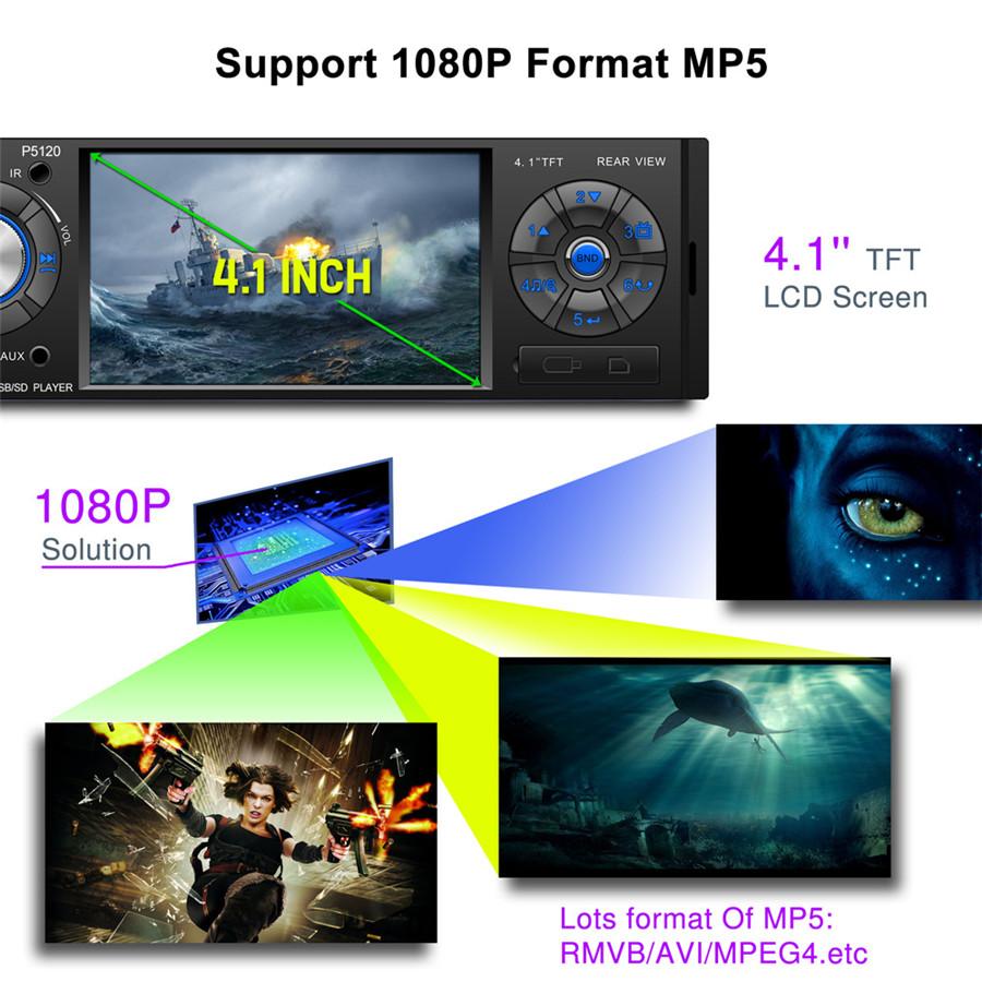 4.1" 1DIN 1080P HD Car In-Dash Digital MP5 Stereo Audio MP3 Player FM Radio Bluetooth 7 Colors Backlight With Steering Wheel  Control Remote