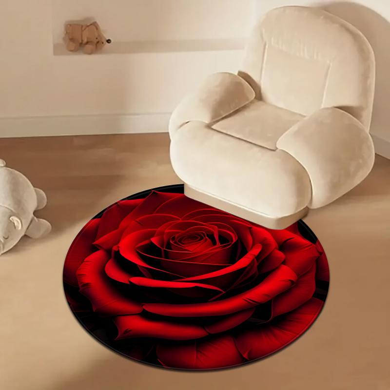 VIKAMA 1PC Round Rug With Red Rose Pattern Bedroom And Living Room Decorative Rug Home Decoration