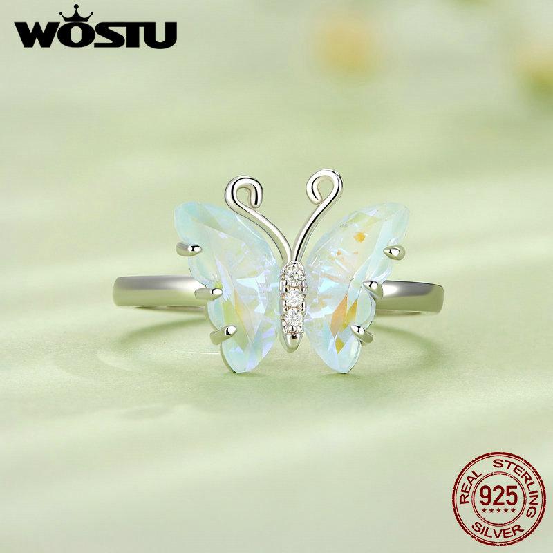 WOSTU Real 925 Sterling Silver Rainbow Crystal Butterfly Band Rings For Women Cute Insect Delicate Party Jewelry Gift