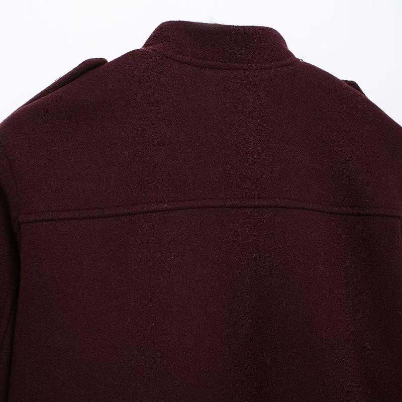 Moda Damska Z Kieszeniami Bordowy Jednorzędowe Kurtki Vintage Okrągły Dekolt Długi Rękaw Damskie Szykowne Stroje