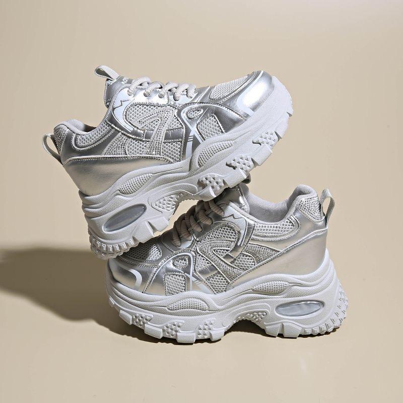 

Dad thick-soled inner height increase single mesh breathable fashion women s shoes 2025 autumn new shit-stepping sports and leisure shoes 40 серебряный
