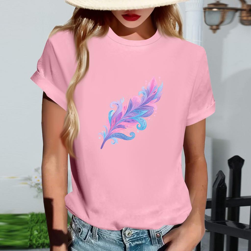 Women's Fashionable Round Neck Casual Retro Print Short Sleeved T-shirt Top