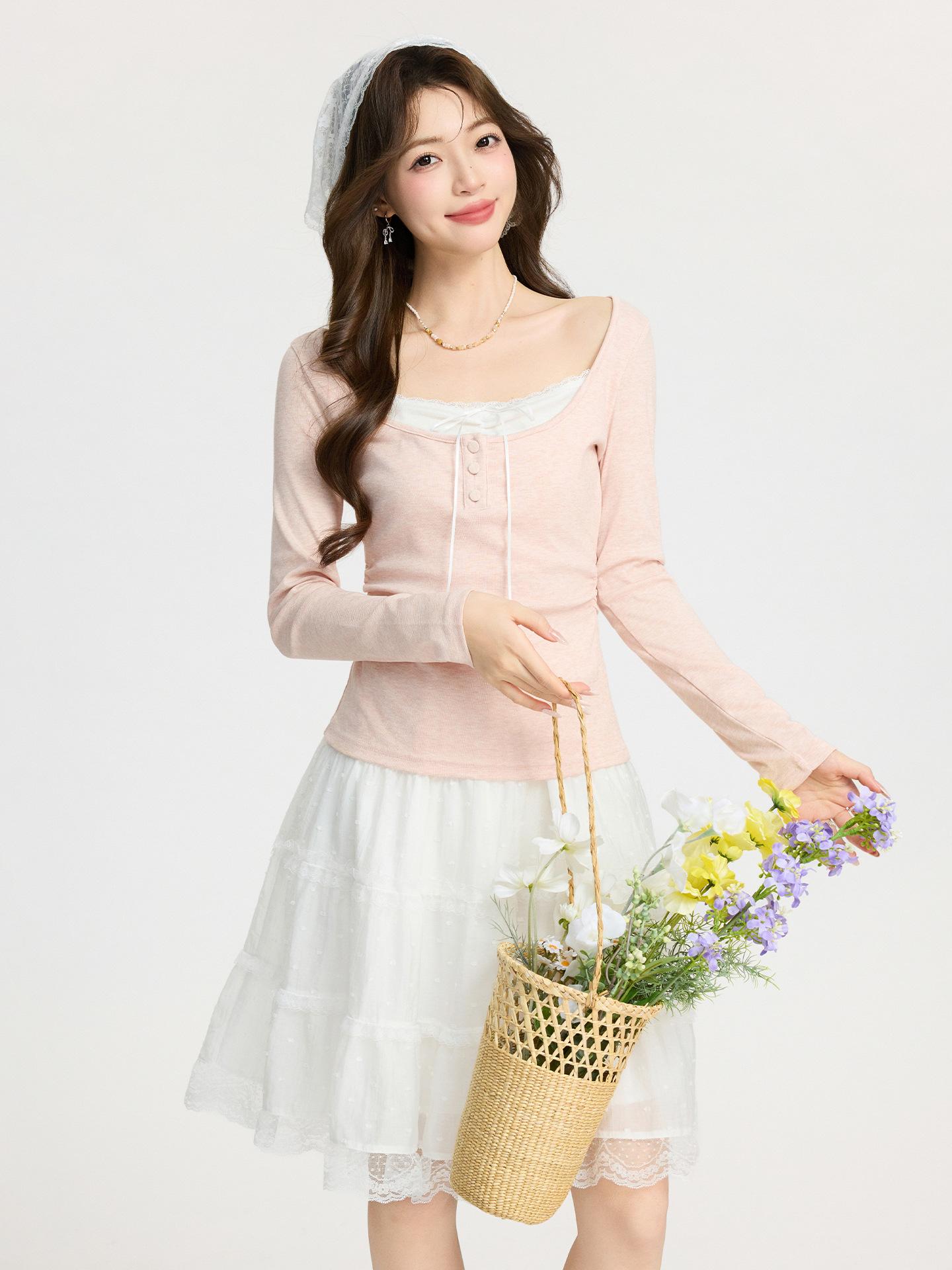 Pink lace fake two-piece bow long-sleeved T-shirt inside spring new slim-fit bottoming shirt top women S