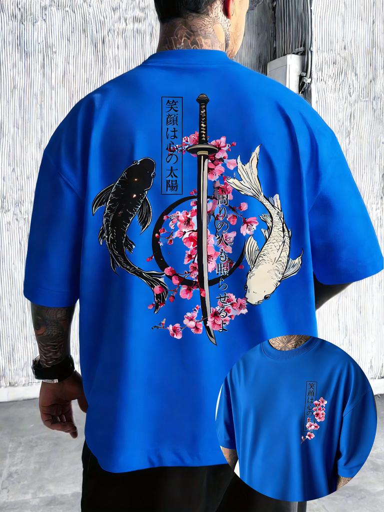 2026 New Style Mens Summer Japanese YinYang Carp Fish and Samurai Sword Pattern Loose Comfortable TShirt
