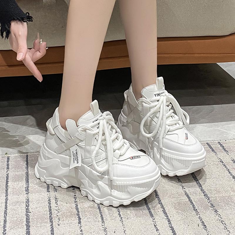 8CM Women Walking Sneakers Autumn Lace-up High Platform Chunky Shoes Breathable Leather Shoes Wedge Heels Casual Shoes Size 42