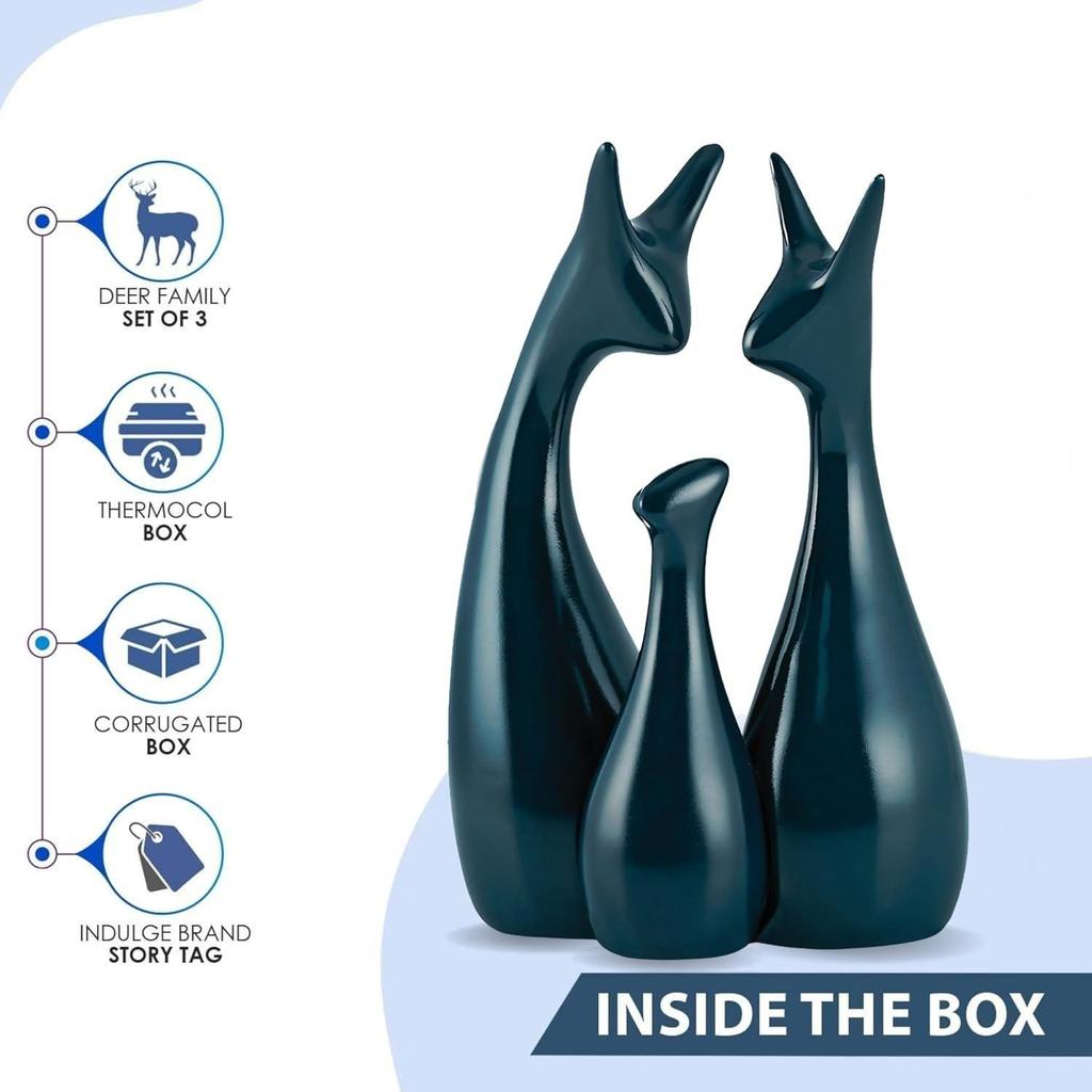 Keramiska 'Lycklig Hjortfamilj'-Figuriner Prydnadsföremål Pianolack Mörkblå för Heminredning Vardagsrum Kontor Hem - Set om 3