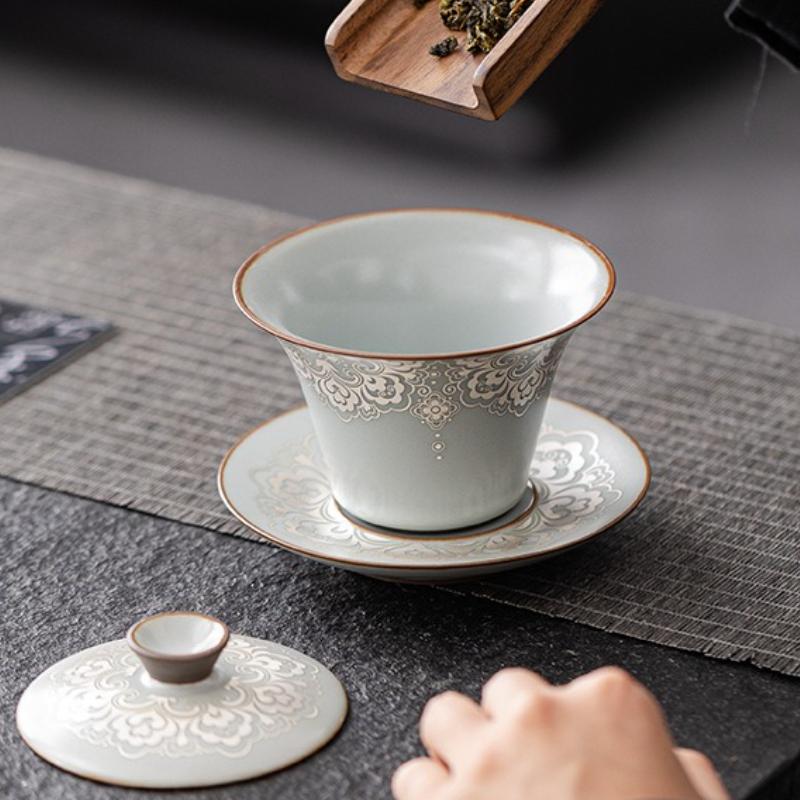 Tigela de Chá com Tampa Design de Suspensão em Filigrana de Prata Resistente ao Calor Conjunto de Chá Gongfu Chinês Cerimônia em Casa Presente