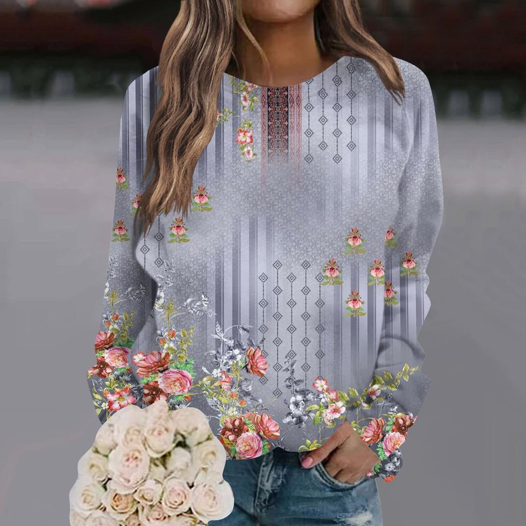 Dámská ležérní móda s květinovým potiskem s dlouhým rukávem a pulovrem do O-výstřihu