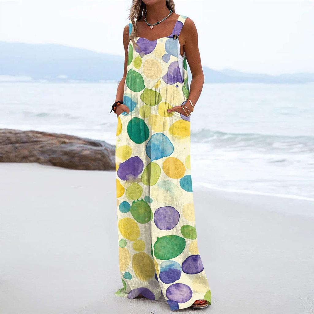 Wide Leg Overalls For Women Casual Loose Sleeveless Print Button Long Pant Romper Jumpsuit With Pockets