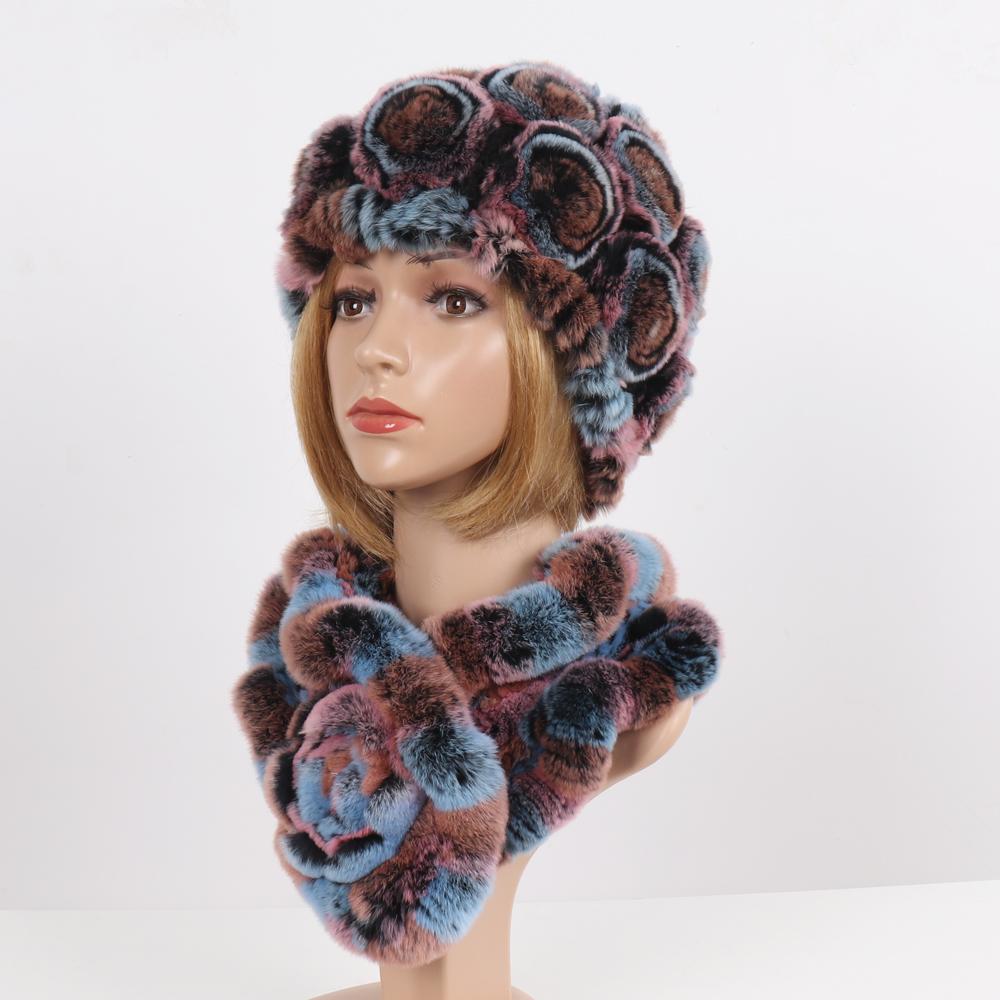 Нові Жіночі Зимові Хутряні Шапки Шарфи Набори Натуральні Теплі Справжні Шапки з Хутра Кролика Рекс Шарфи Леді В'язані Шапки з Натурального Хутра Шарф
