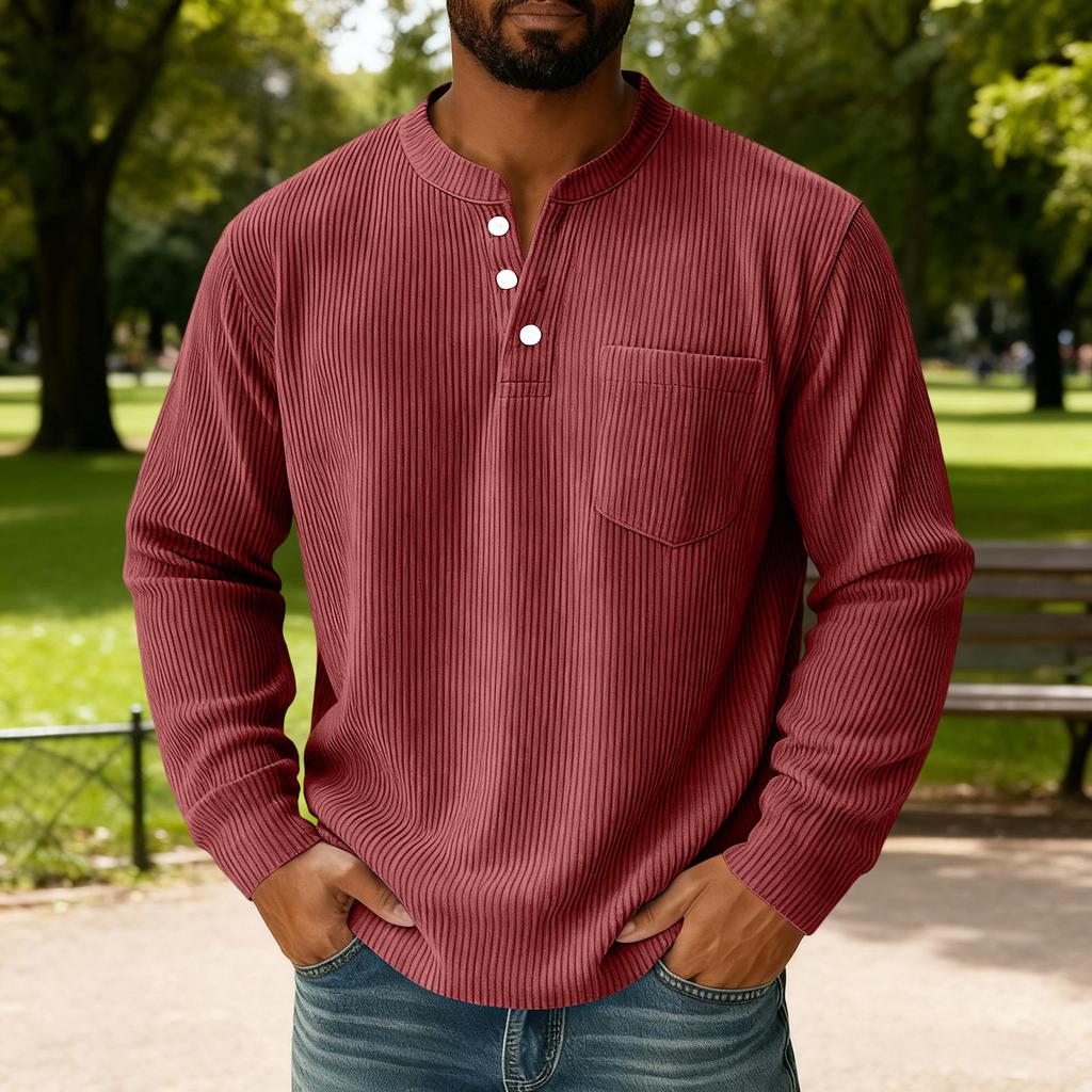 Men's Solid Color Corduroy Three-button Collar Men's Long-sleeved Shirt