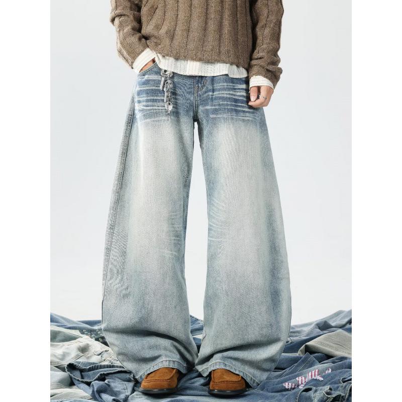 Unisex Retro Star Design Frayed Edge Wide Leg Jeans