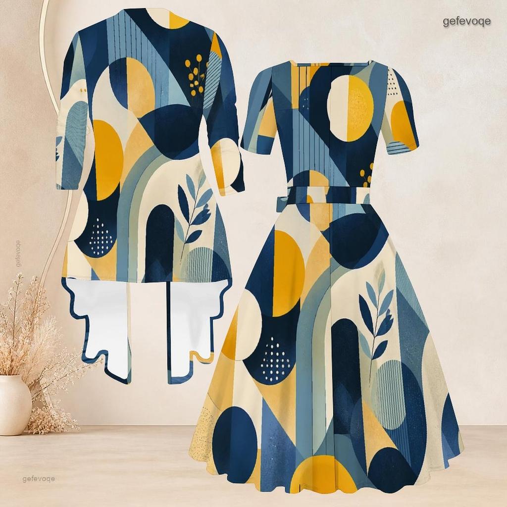 Women Plus Size Two Piece Set Geometric Printed Square Neck Short Sleeve Tie Waist Flared Dress And 3 4 Sleeve Long Cardigan