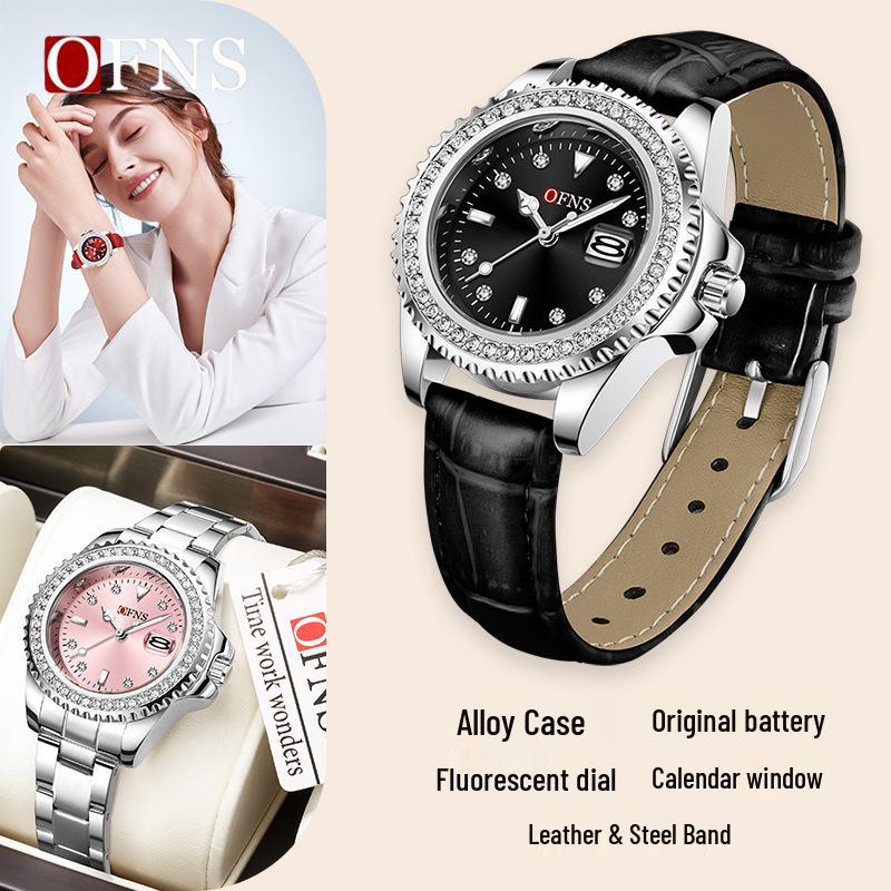 OFNS Women's Casual Luxury Quartz Watch with Calendar and Diamond Accents