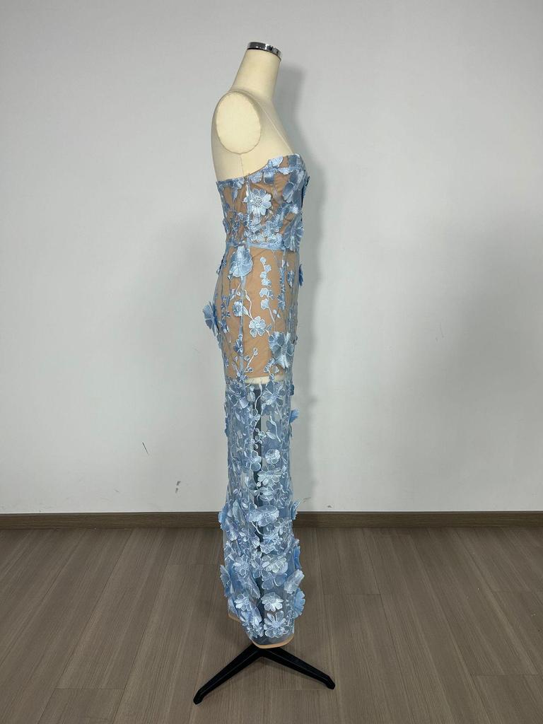 Europäisches & Amerikanisches Design Trägerloses Blaues Abendkleid mit 3D-Blumen-Details