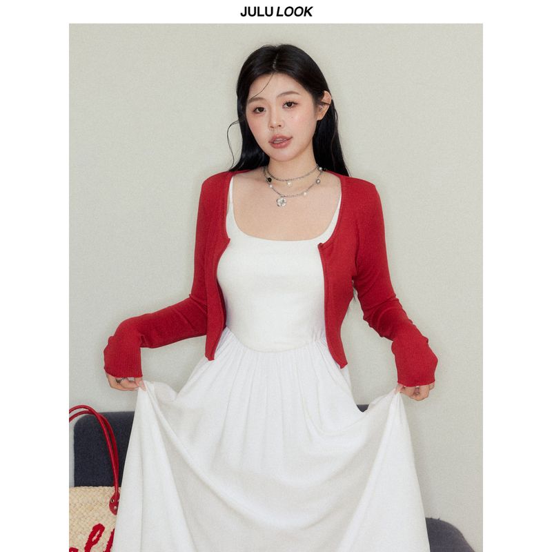 

Julu Studio s Penny s Love Letter Plus-Size Hepburn-Style Slimming Slip Dress + Cardigan Large Size Set Red Cardigan M