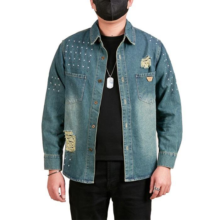 

Американская джинсовая рубашка с длинным рукавом, свободная куртка, мужская летняя новинка, уличный стиль, красивая одежда в дюймах 5XL синий