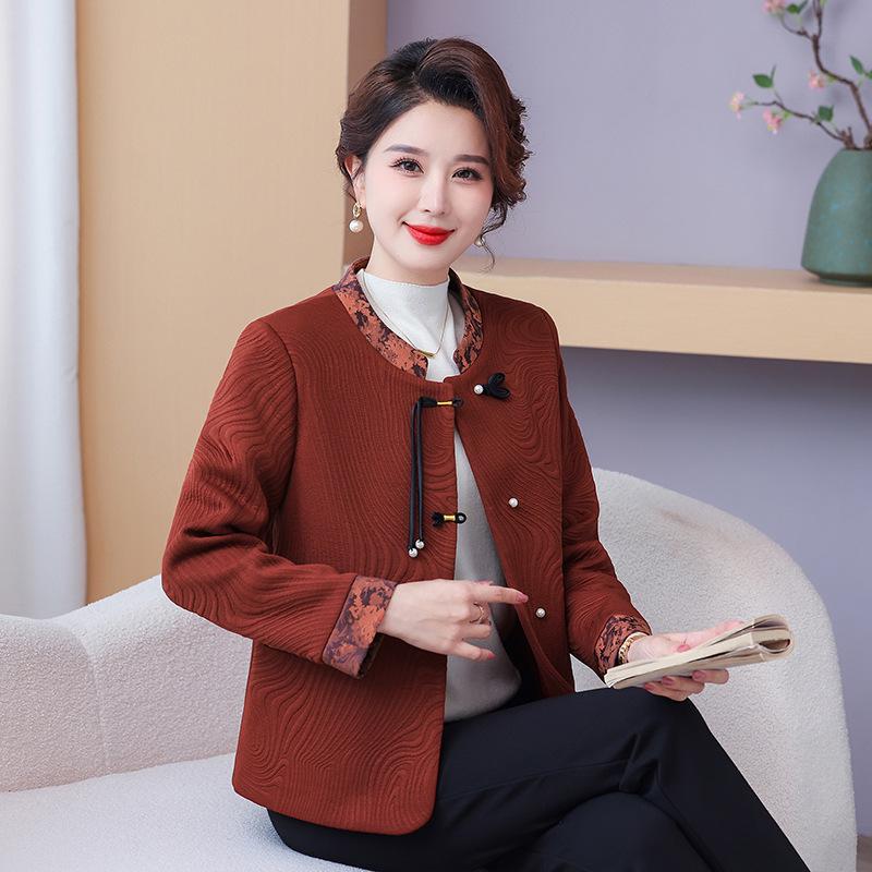 

2025 Fashion Spring Outerwear for Middle-Aged & Elderly Women - New Chinese Style, Elegant Spring/Autumn Top 5XL (140-150 jin) вино красного