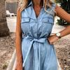 Turn-Down Collar Sleeveless Women Dress Belt Solid Color Single Breasted Denim Midi Dress Ladies Clothing