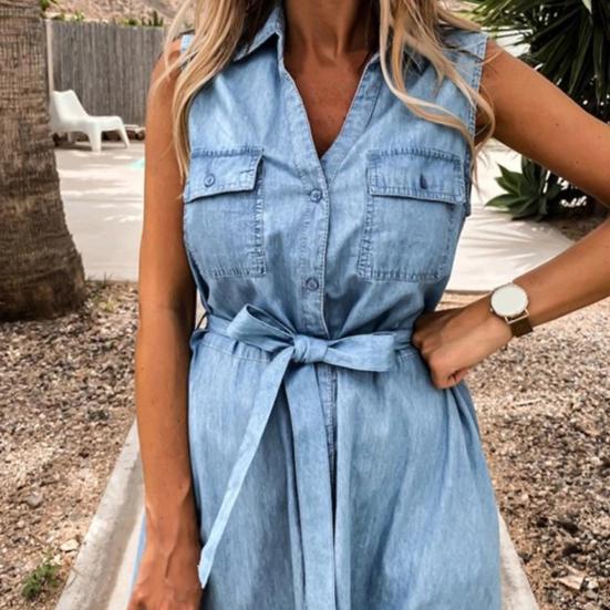 Turn-Down Collar Sleeveless Women Dress Belt Solid Color Single Breasted Denim Midi Dress Ladies Clothing