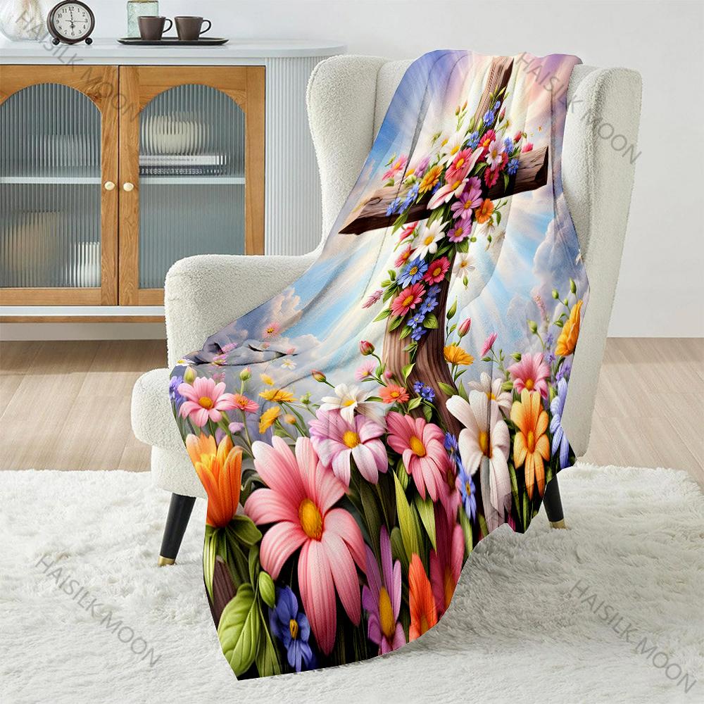 Flower Cross Pattern Believer Blanket Warm Soft Fluffy Kids and Adult Sofa Bed Throw Blanket Suitable Home Travel Camping Gifts