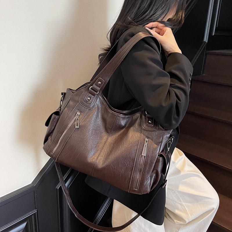 Women's High-End Versatile Korean Tote Bag - Brown Solid Color, Large Capacity, Single Shoulder Fashion Style
