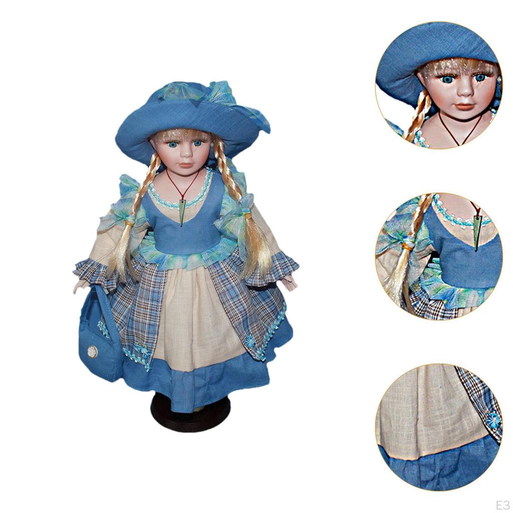 15.75'' Porcelain Doll Ceramic Beautiful with Hat and Hair Decorative for Ornament
