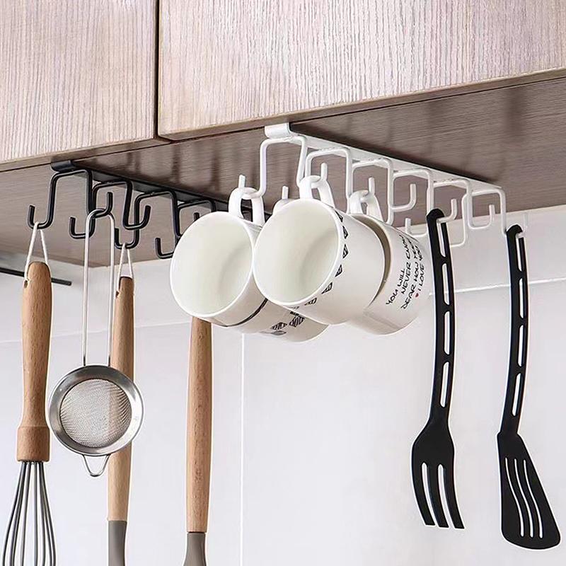 Punch-free Double-row Hooks Kitchen Under Cupboard Shelf Mug Cup Hanger Hook Iron Hanging Rack Holder Kitchen Cabinet Organizer Cup Holders 5